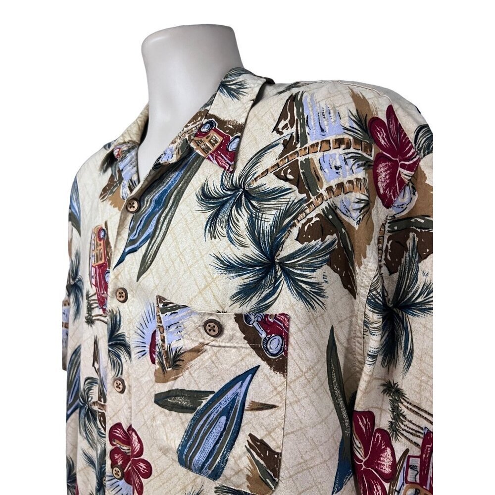 Mens Vintage Hawaiian Floral Button Up Shirt Large Pocket Classic Woody Cars - Picture 5 of 9